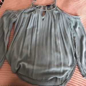 Blue Open Shoulder Long Sleeve Top